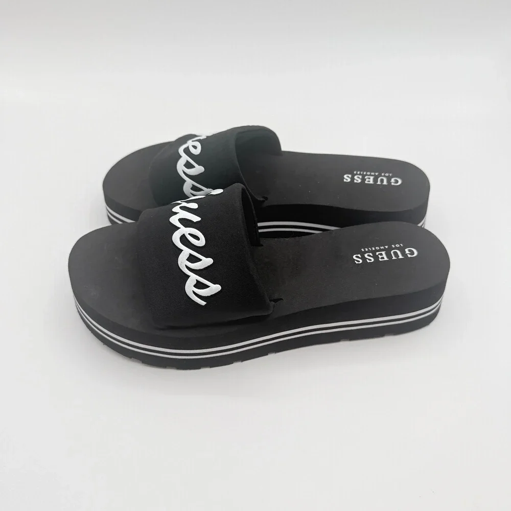 Guess Slide Sandals Womens 8 Black Script Logo Striped Foam Platform Y2K